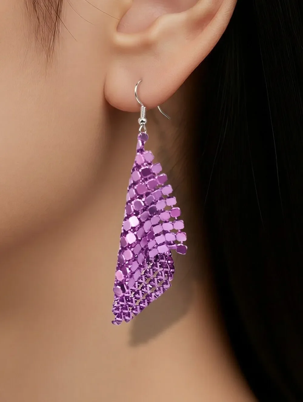 Fuschia Sparkly Sequin Mesh Statement Dangle Earrings Pink Purple Party Glam